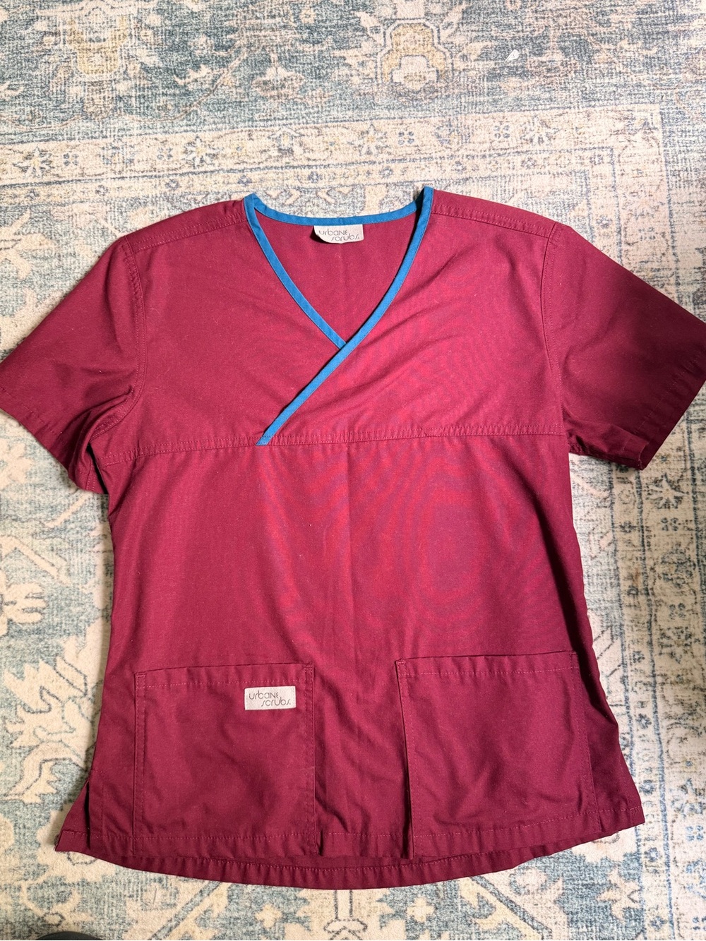 URBANE SCRUBS Maroon Medical Scrub Top with Blue Trim